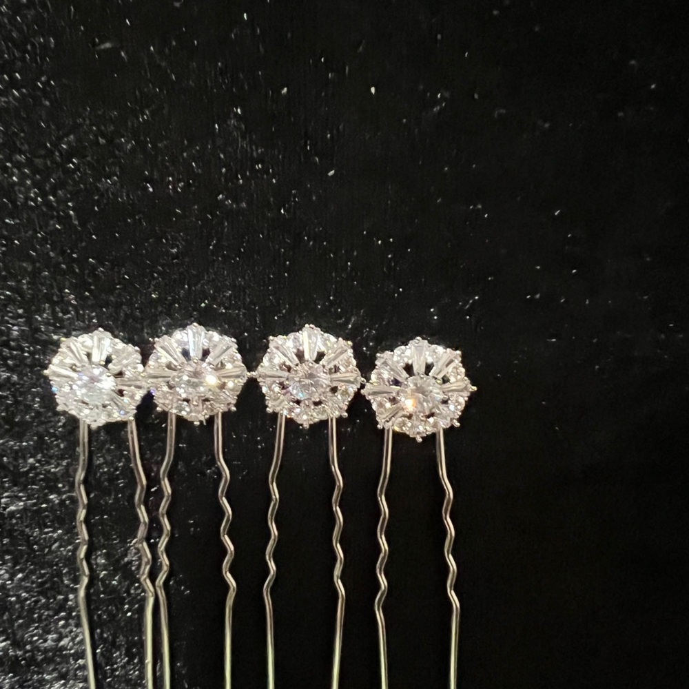 4 Silver plate and crystal Floral Hair Pins